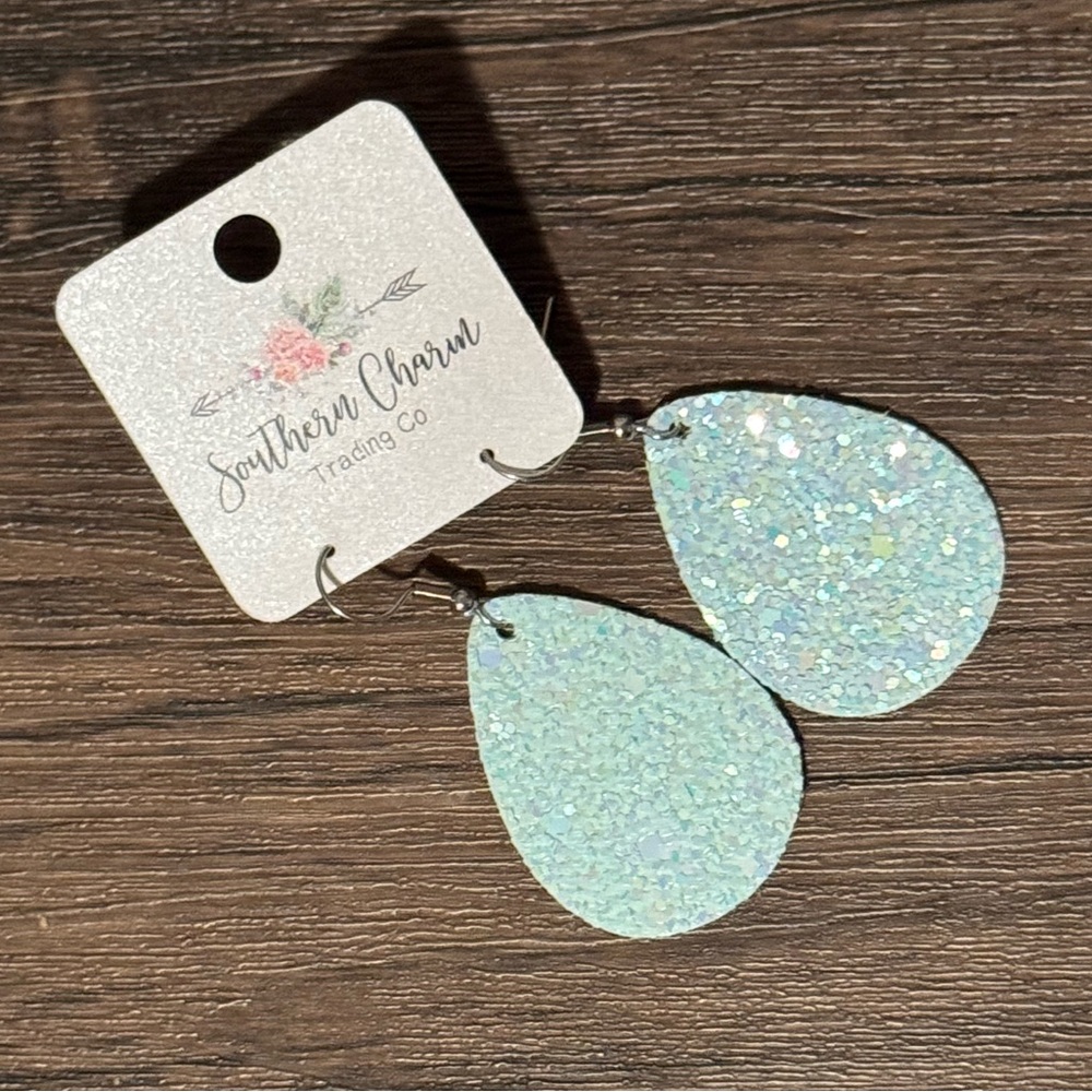 Blue glitter teardrop shaped earrings